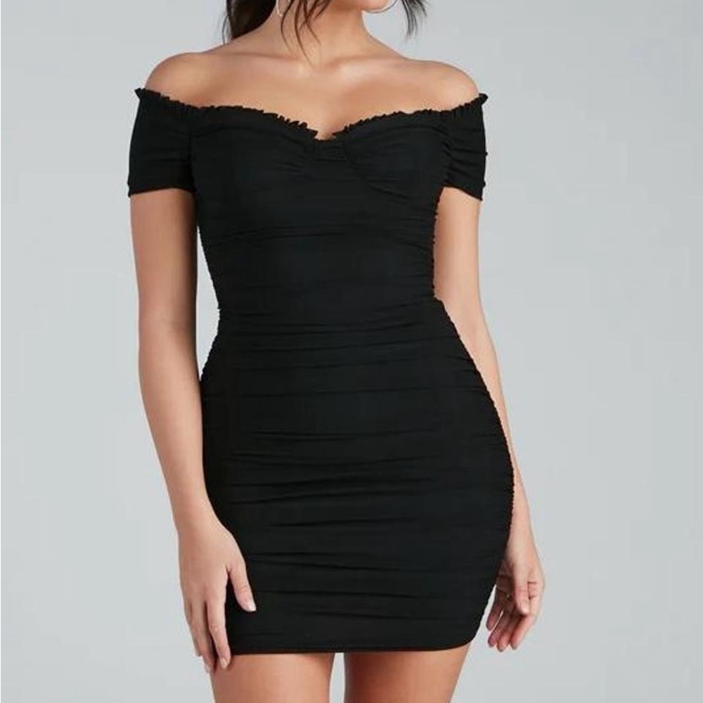 Windsor mesh off the shoulder black mini dress